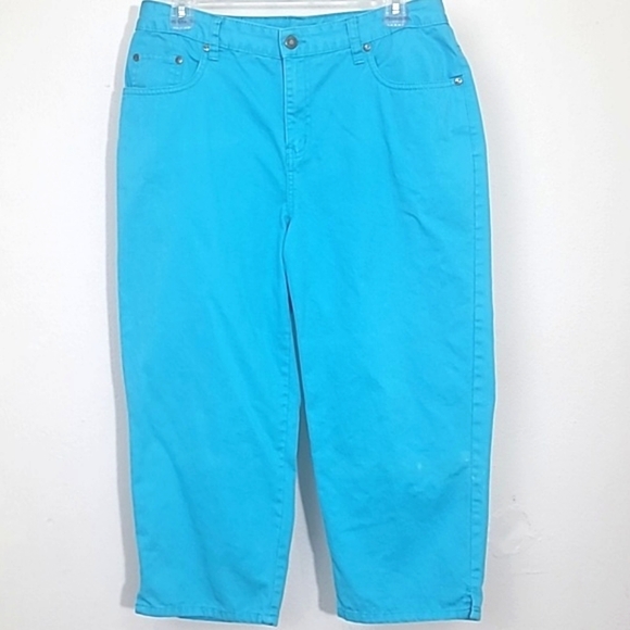 Capris Turquoise blue 100% Cotton denim stretch high waisted rise - Picture 1 of 6
